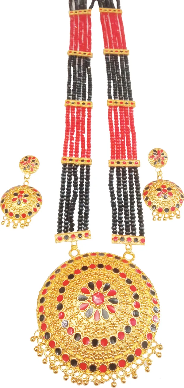 Assamese_Traditional_Copper_Based_Gold_Plated_Red_Black_Colour_Japi_Tassel_Jewellery_Set_For_Women_&_Girl